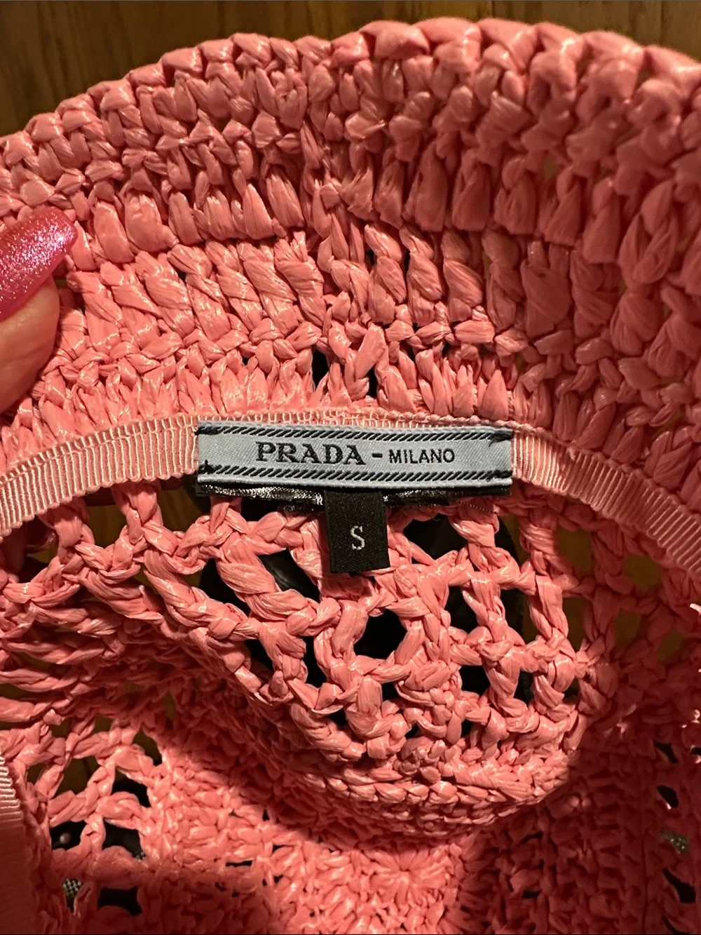 Prada Pink Crochet Bucket Hat with Black Logo